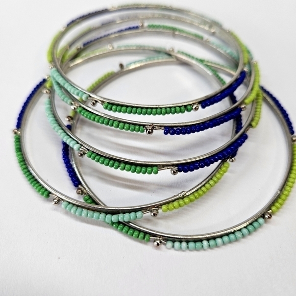 Blue & Green Beaded Boho Silver-Tone Bangle Lot Set - Picture 3 of 4